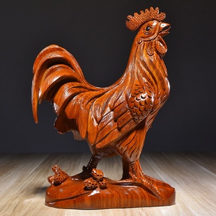 饰红木工艺品 花梨木雕大公鸡摆件十二生肖木质鸡家居补角吉祥物装