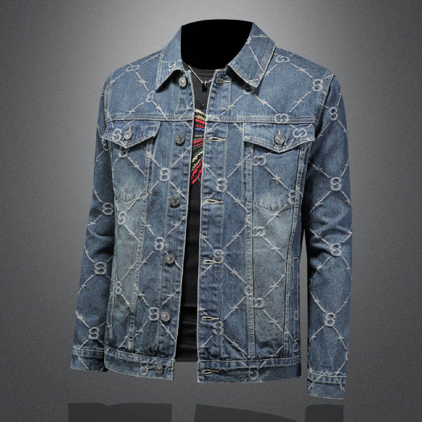 2026欧洲站牛仔提花夹克男士春季新款翻领休闲潮流时尚英伦风外套