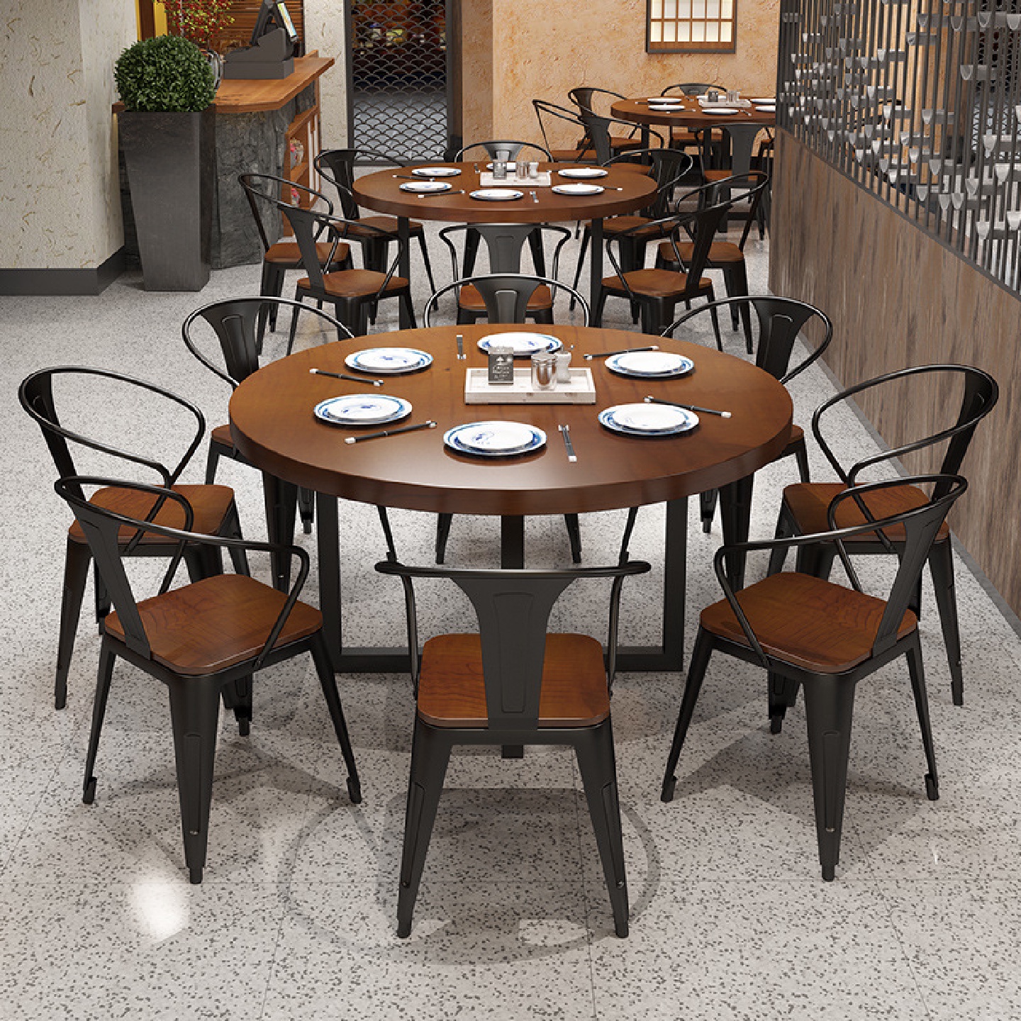 餐厅实木圆桌现代简约商用圆形大桌子烧烤火锅店饭店餐桌椅组合