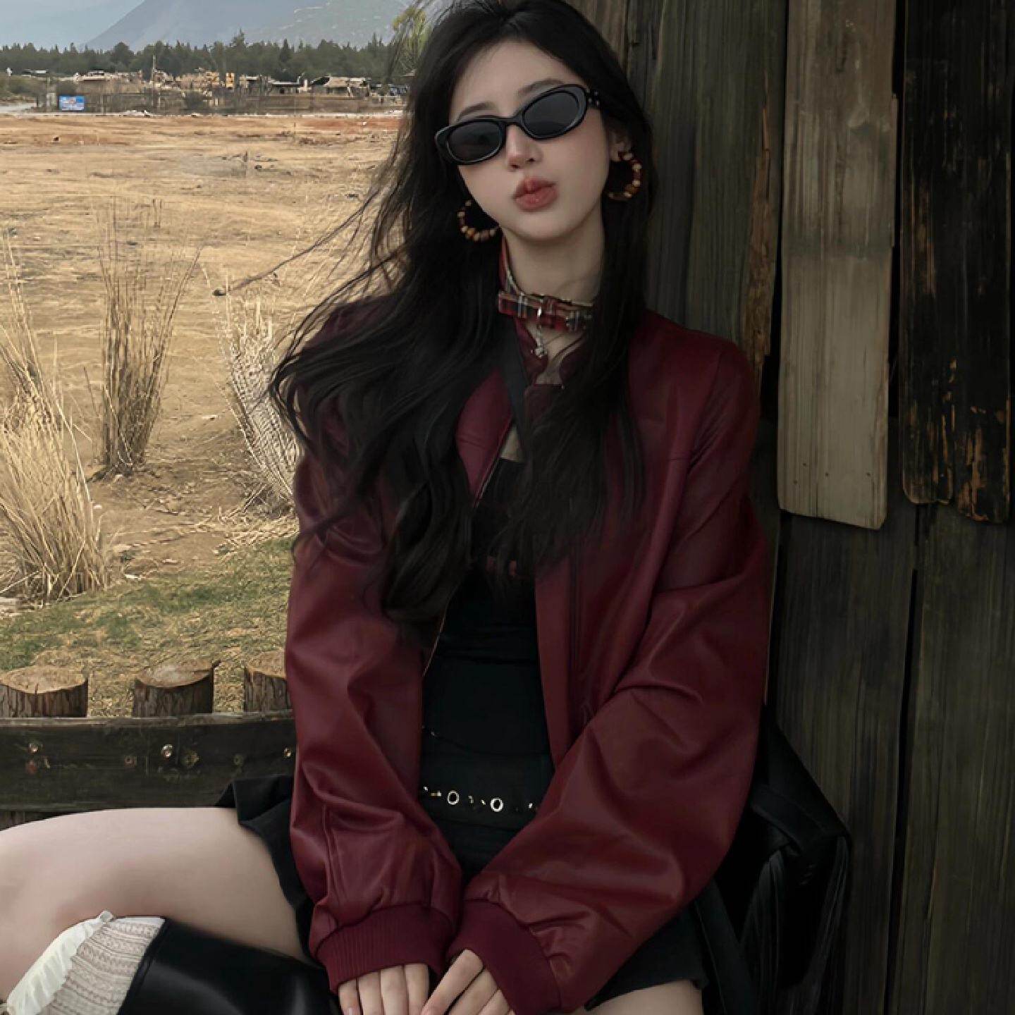 超好看美式复古皮衣外套女短款高级休闲红色机车气质夹克上衣秋季