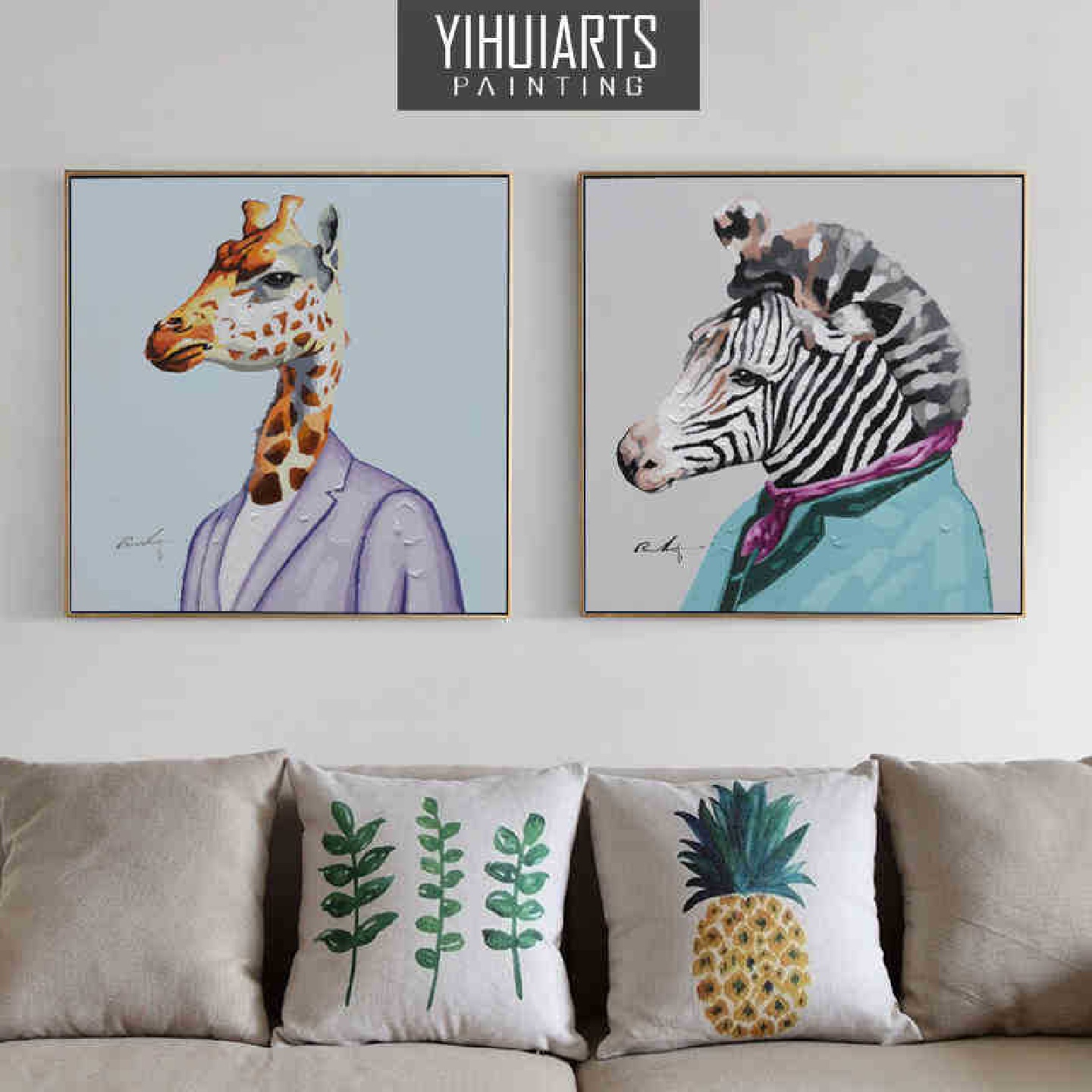 装饰画手绘油画客厅动物三联走廊玄关卧室壁画电表箱有框现代简约图片