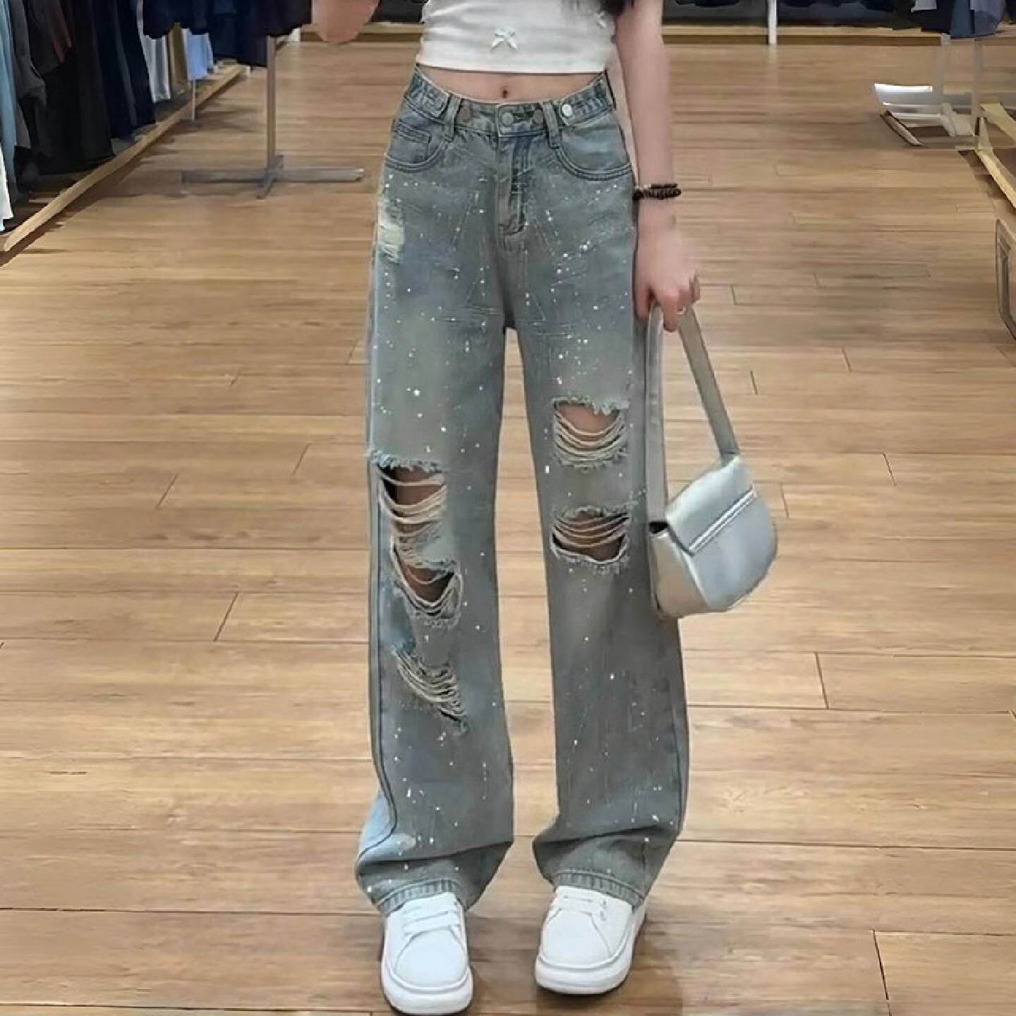 水洗破洞烫钻牛仔裤女夏季薄款浅色高腰显瘦宽松阔腿直筒拖地裤子