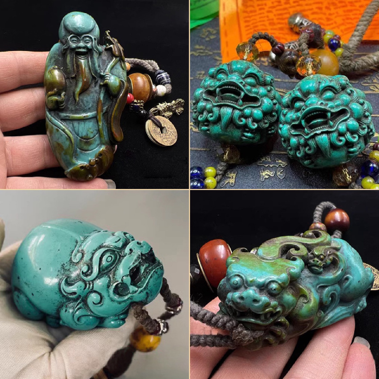 AA古玩杂项复古包浆五帝铜钱铃铛配饰松石刻寿星手把件貔貅手抓件