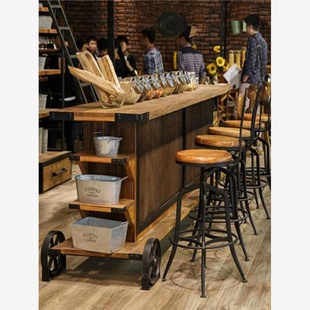美式工业风复古实木咖啡酒吧台柜商用隔断桌水吧台桌椅操作台前台