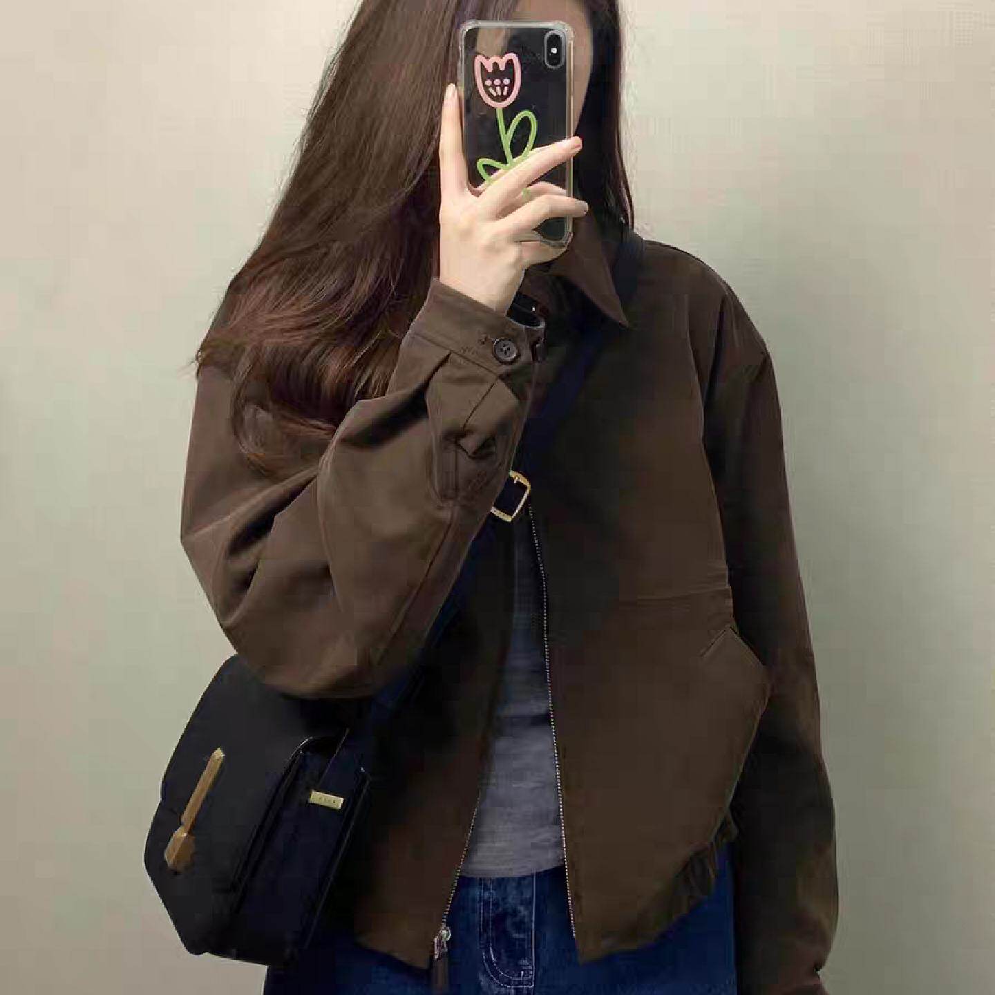 2026春秋新款咖色翻领高级感小个子短款时尚休闲棒球服夹克外套女