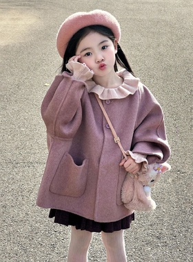 韩国童装2025秋冬新款甜美粉紫色短款毛呢大衣女童气质加厚呢外套