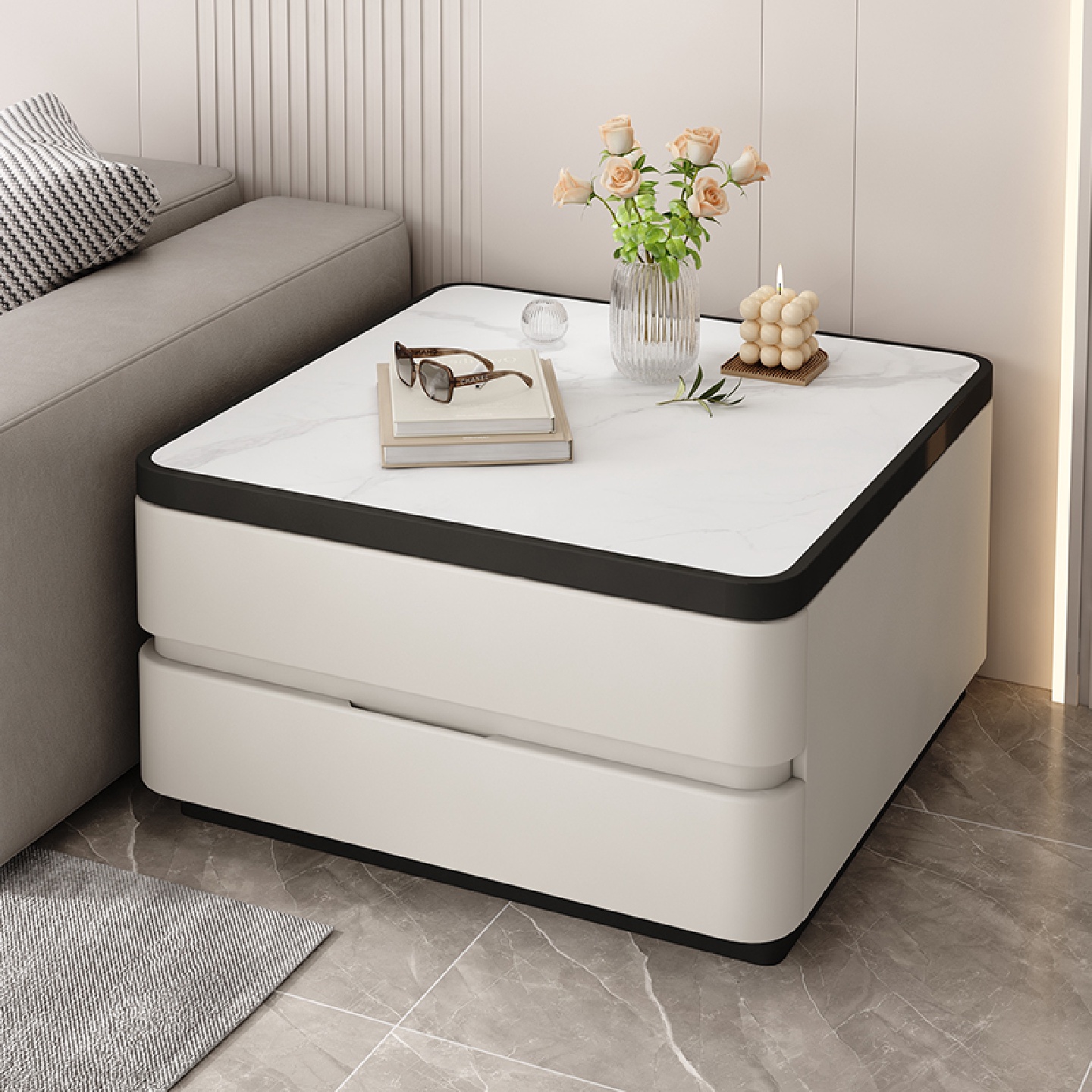 my正方形沙发边几轻奢感岩板实木侧边柜客厅方几储物柜茶几边桌