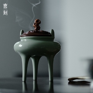 束刻纯手工仿宋三足香炉带木盖香薰炉盘香炉家用创意香道器摆件