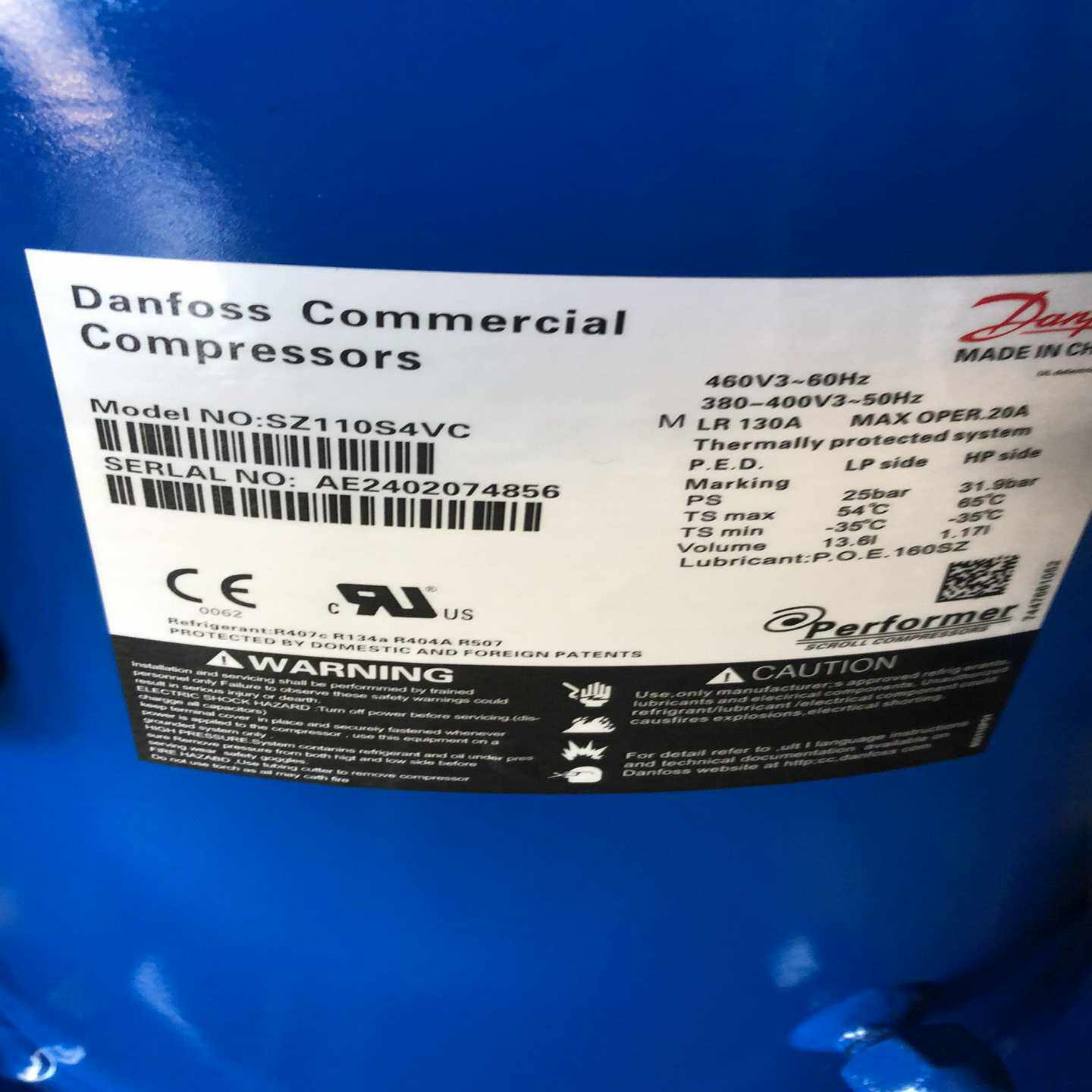 询价丹佛斯SZ110S4VC压缩机!原装翻新机!机器正常使用!本