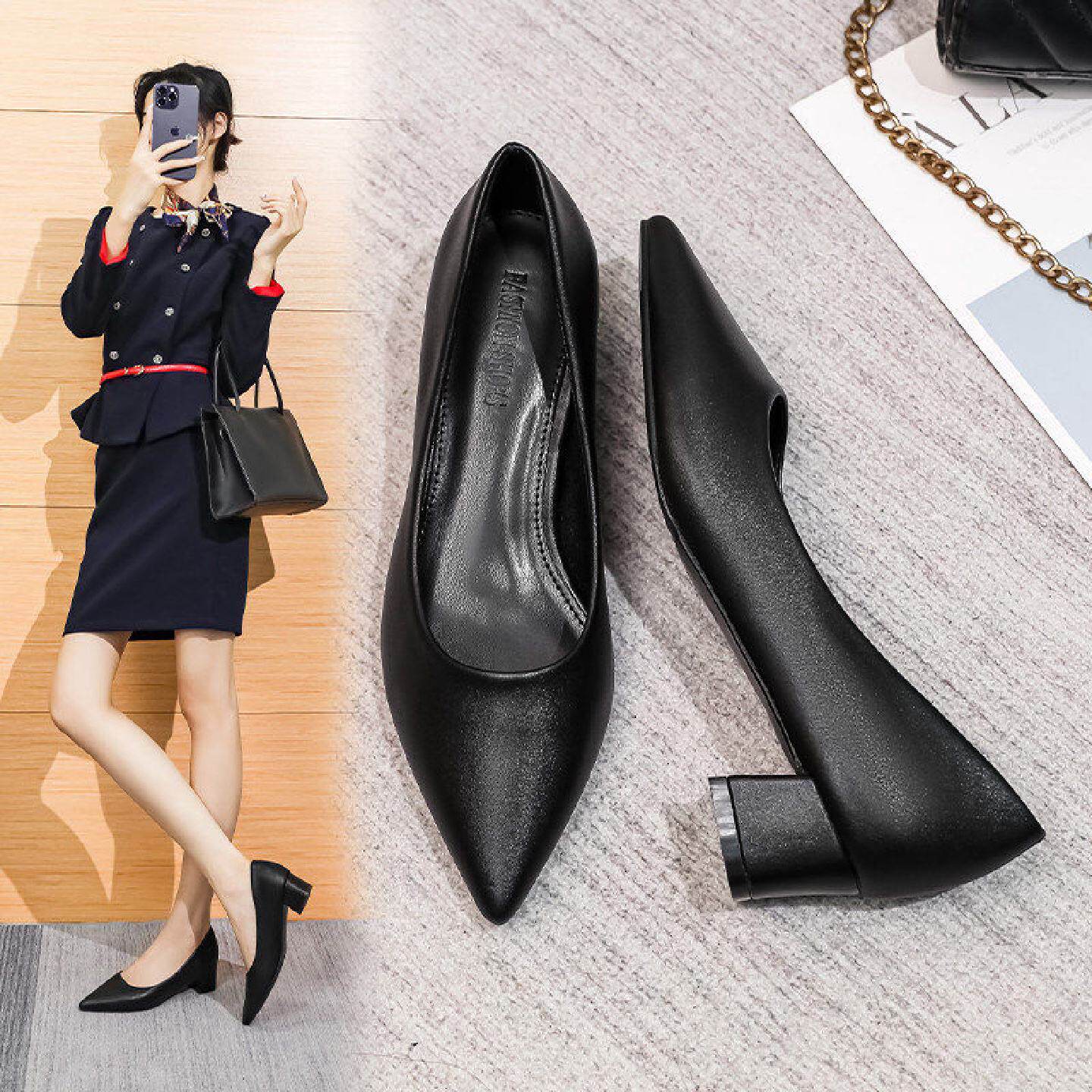 黑色高跟鞋女尖头粗跟上班舒适久站不累脚职业面试工装工作鞋