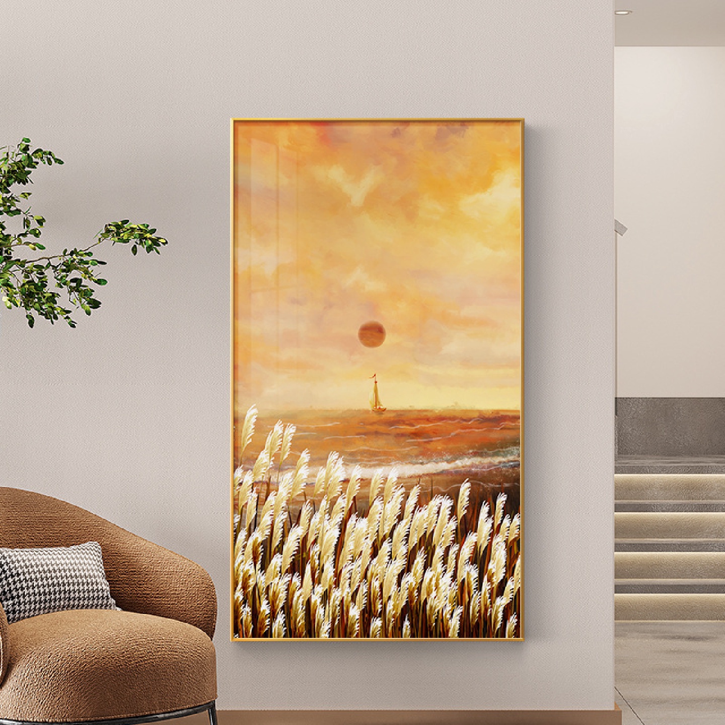 治愈系芦苇玄关装饰画轻奢风景客厅落地挂画现代入户走廊过道壁画