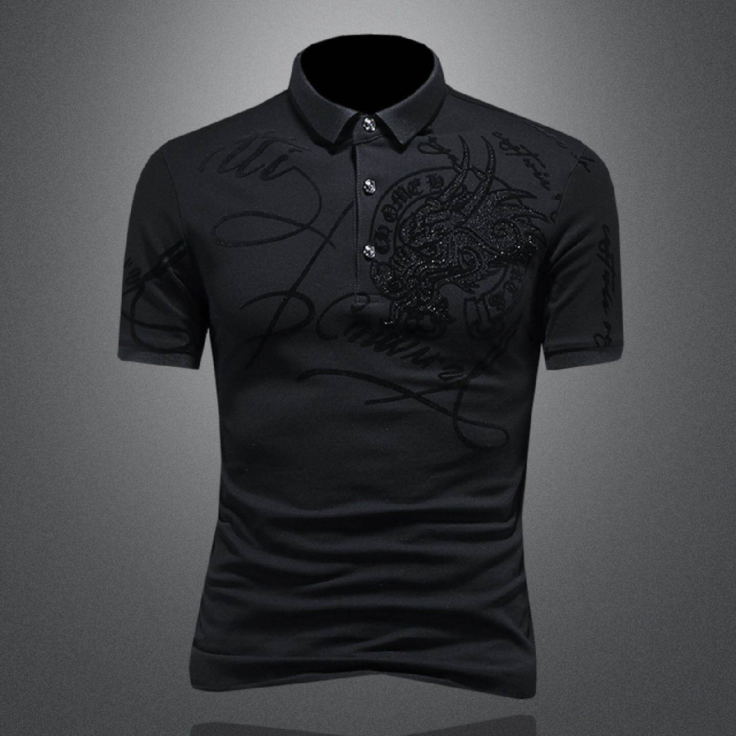 轻奢夏装高级感珠地棉短袖衫男全龙烫钻修身翻领恤商务休闲潮男装