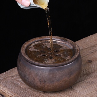 复古鎏金粗陶茶洗杯洗大号陶瓷手工水盂建水茶渣桶家用茶道零配件