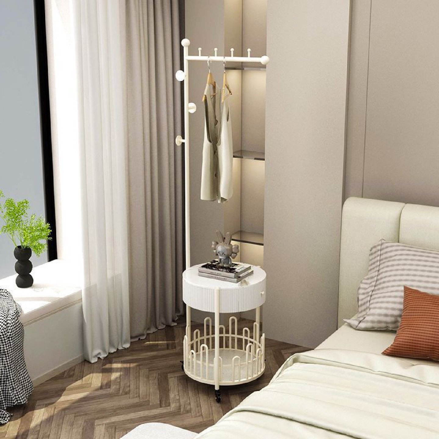 轻奢铁艺简约立式衣帽架落地可移动现代家用卧室床头柜挂衣架一体