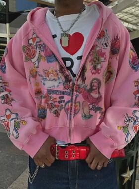 Sreet clothing retro pattern printed loose fitting men hoodi