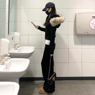 上衣拉链开衫 宽松短款 连帽加绒加厚卫衣美式 黑色毛领外套女秋冬季