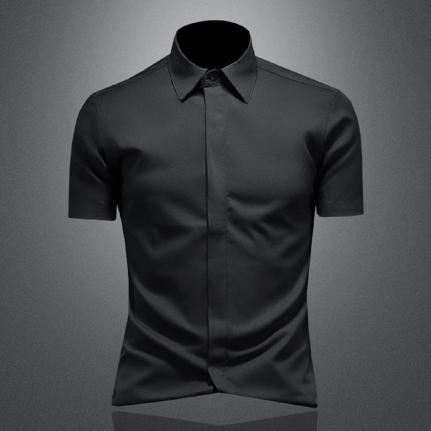 夏季短袖欧洲潮流衬衫透气尖领宝蓝色修身休闲男衬衣免烫处理潮男