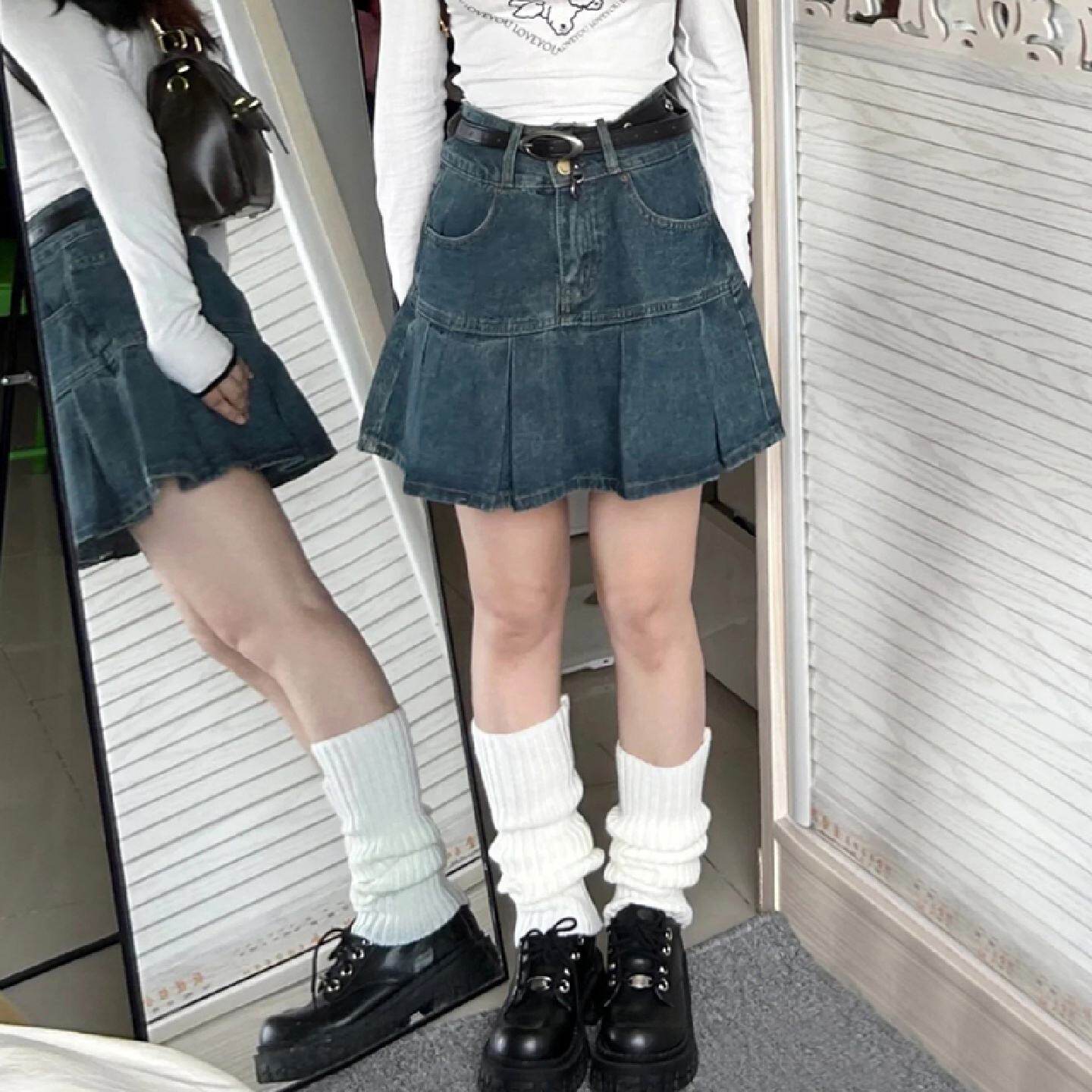复古百褶牛仔短裙女夏季胖mm大码遮肚显瘦梨型身材高腰a字半身裙