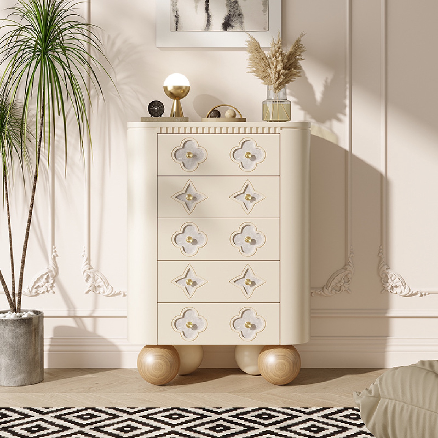 法式奶油风实木五斗柜卧室高级感轻奢储物收纳客厅四叶草抽屉高柜
