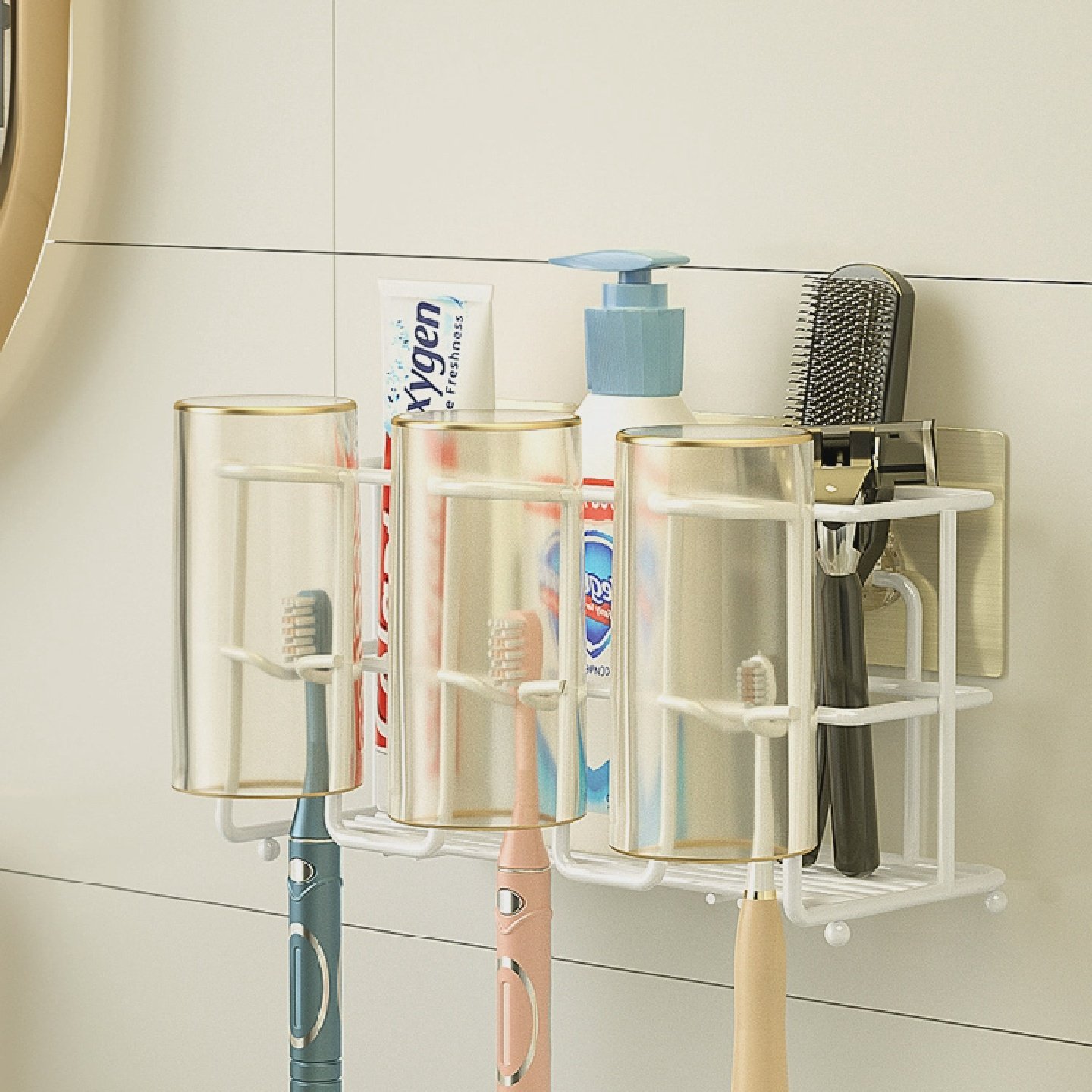 一家三口牙杯架牙刷牙膏置物架壁挂式免打孔不锈钢卫生间无痕粘贴