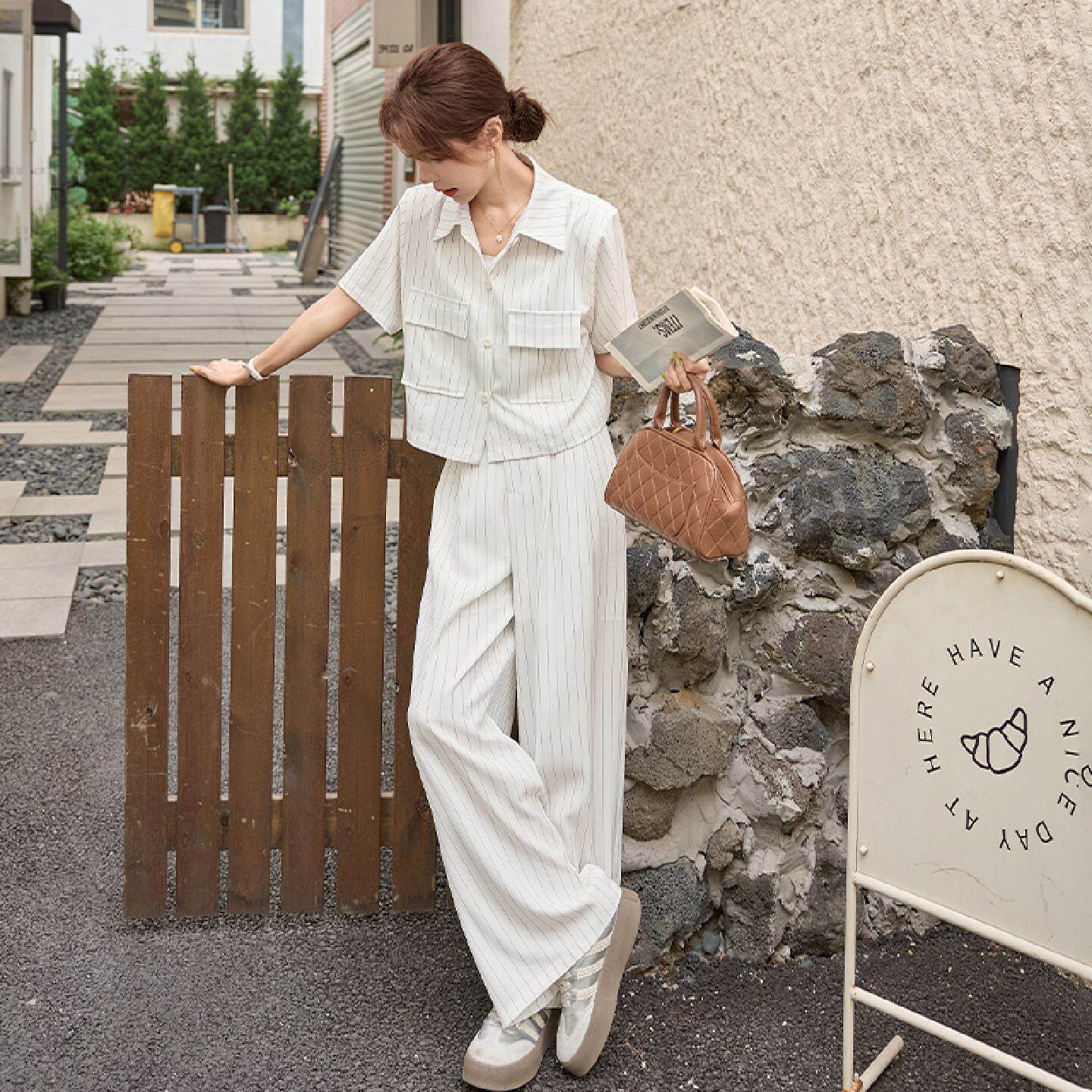 2025新款夏季爆款时尚套装女气质条纹衬衫阔腿裤两件套超火上班服