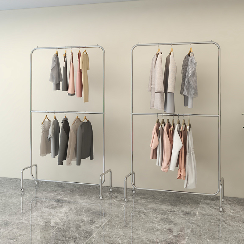服装店展示架不锈钢拉丝银落地式双层可调节挂衣杆女装店带轮