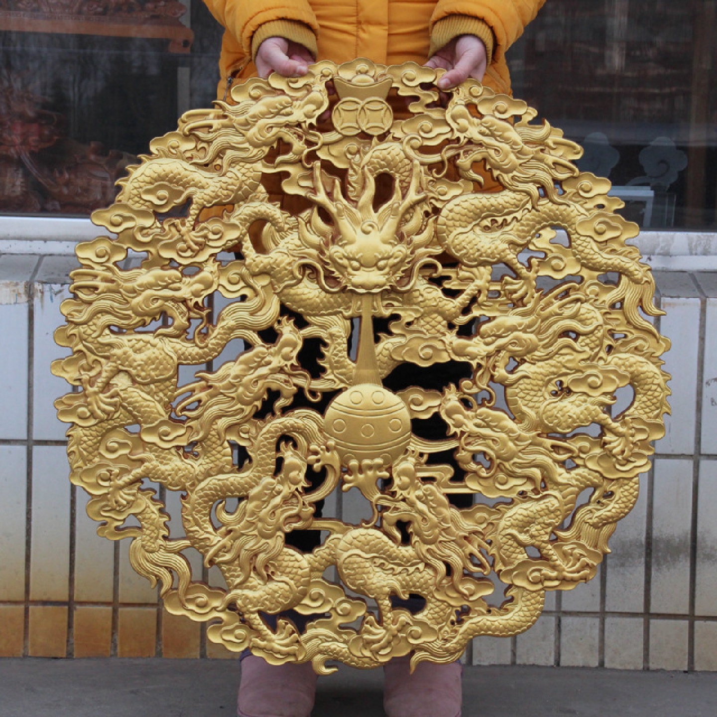 桃木金色九龙图挂件木雕墙壁装饰工艺品批发