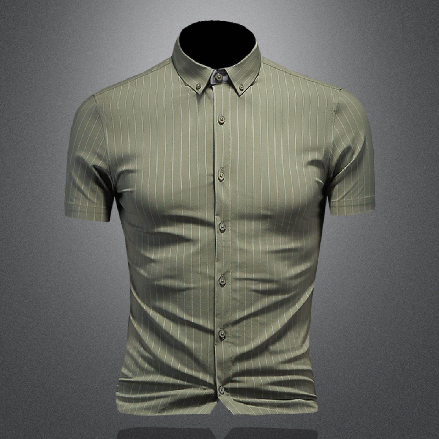 欧洲站条纹衬衫男短袖夏季新款商务修身免烫休闲衬衣弹力半袖上衣