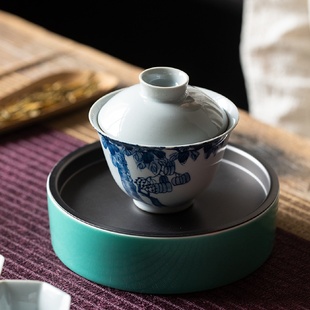 茶杯茶碗带盖大号功夫家用茶具 手绘青花梧桐树盖碗松石绿壶承套装