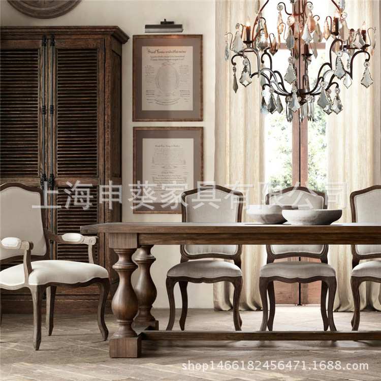 美式乡村实木长餐桌八人用大饭桌橡木做旧简约家用吃饭桌餐椅组合