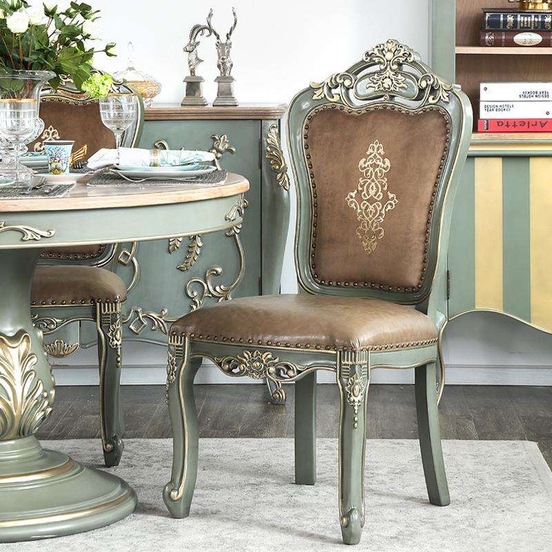 欧式法式实木美式乡村餐厅餐桌椅原木皮艺做旧轻奢梳妆椅子凳子