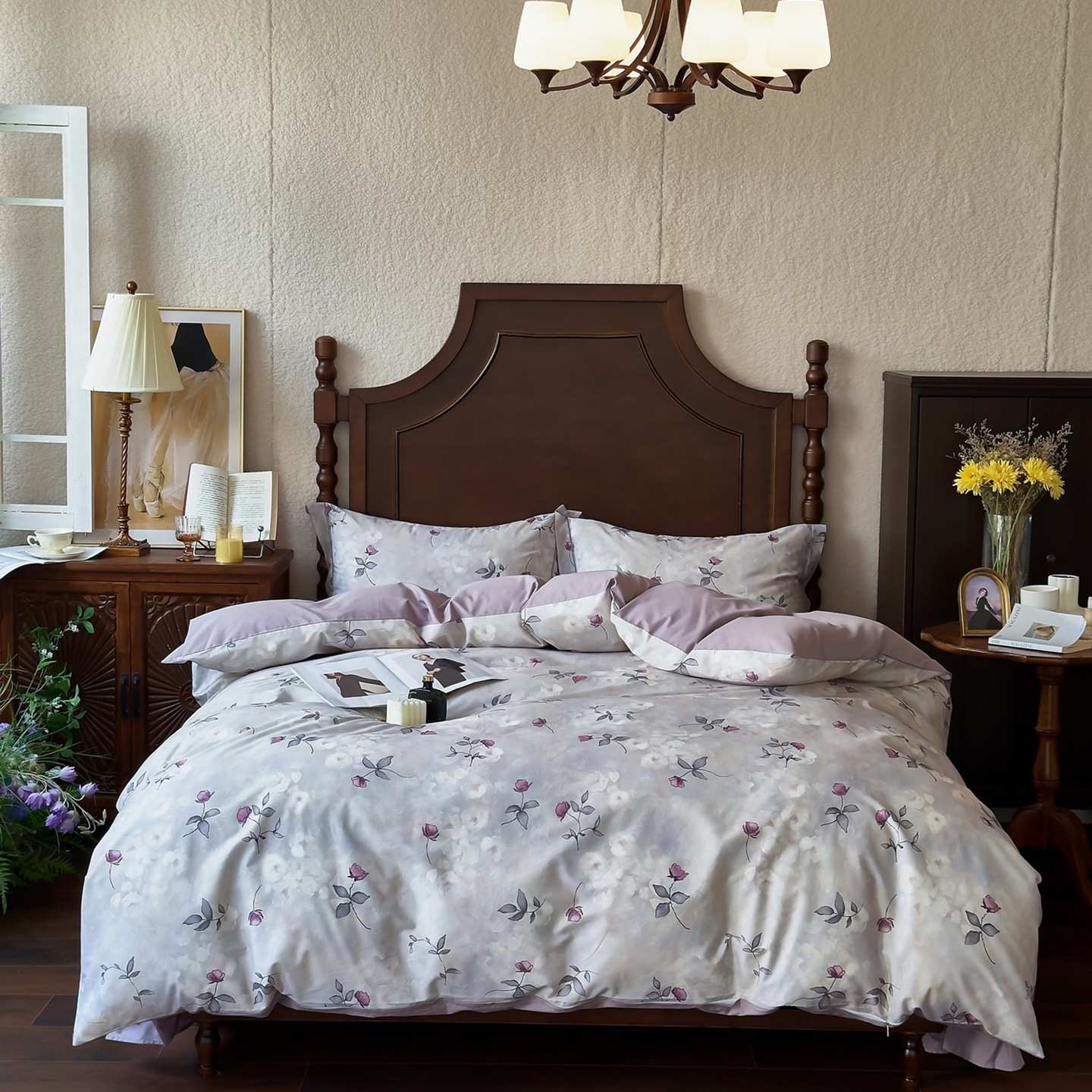 美式田园风60支纯棉四件套全棉床笠款床单印花被套四季款床上用品
