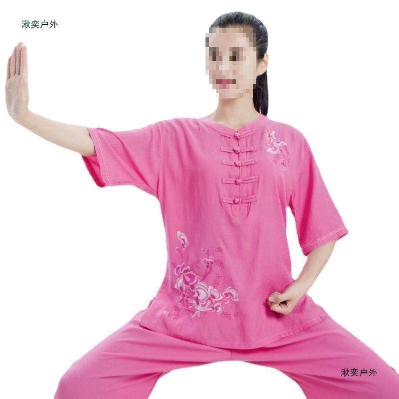 太极拳服装夏季薄款绣花太极服女短袖棉麻武术练功服新款套装