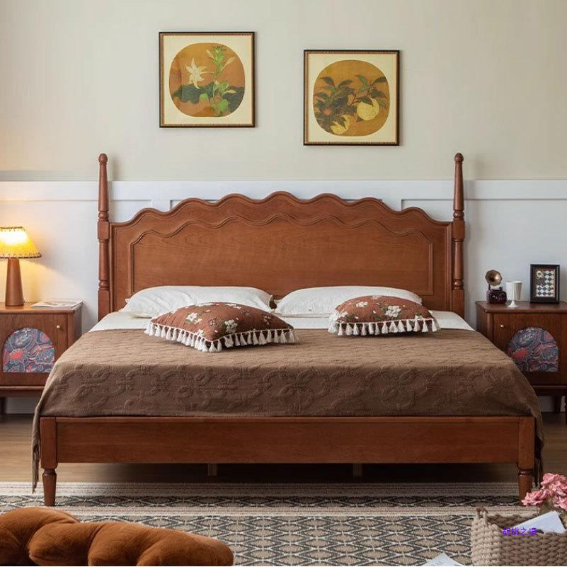 复古美式樱桃木实木床法式简约黄杨木主卧婚床家具1.8米双人大床