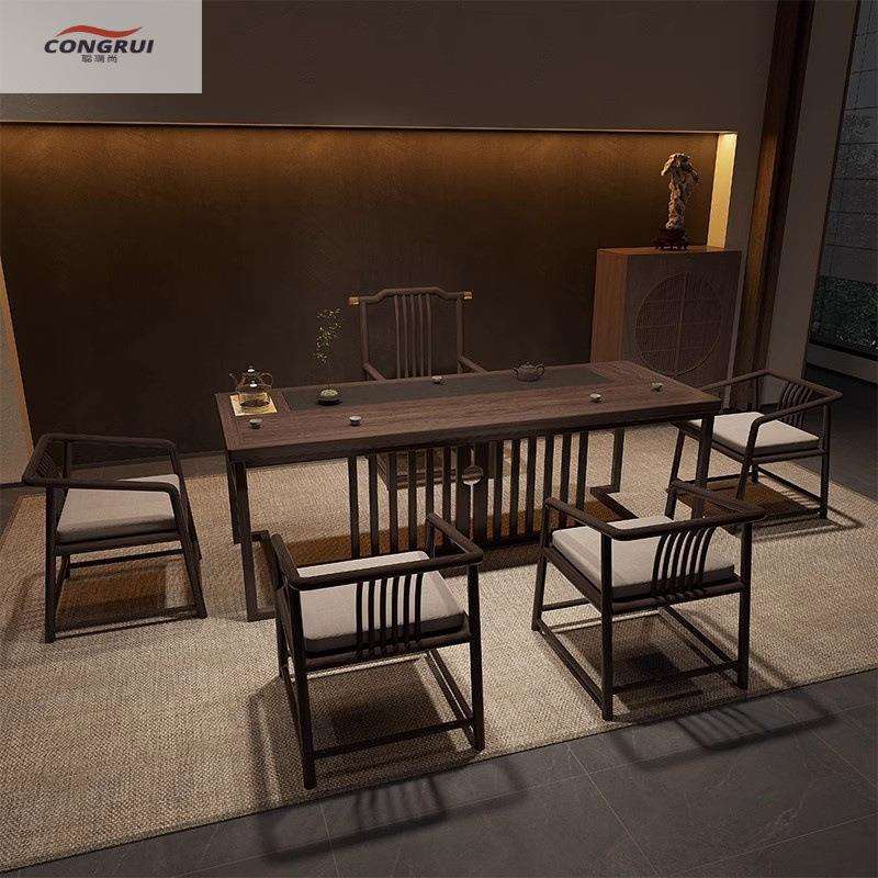 新中式乌金实木组合茶桌椅一桌五椅办公室茶几套装一体家用茶台