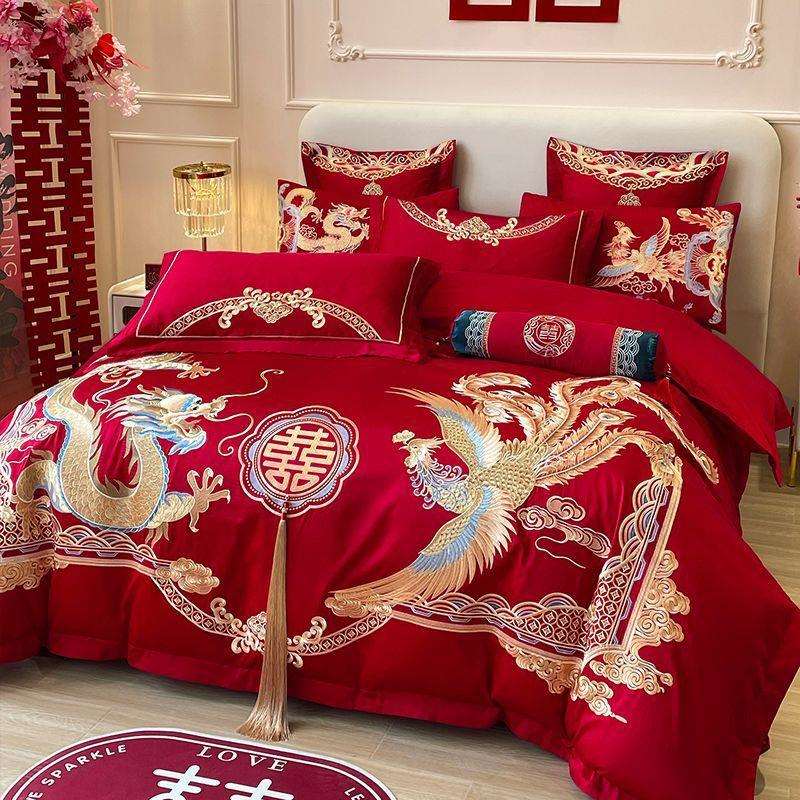 婚庆四件套婚嫁新婚床品刺绣被套红色结婚礼婚房婚床喜庆绣花套件