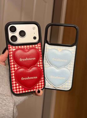 韩系简约高级蓝格纹两爱心英文皮质支架苹果17promax手机壳iphone16pro/15/14/13网红潮流防摔新品红色保护套