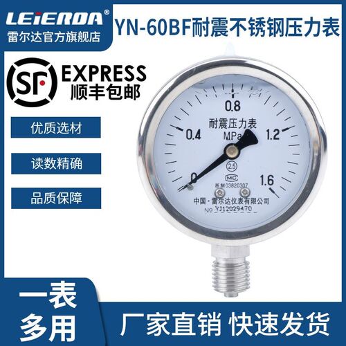 雷尔达 抗震耐震全不锈钢压力表 YN60BF 耐高温防腐防震气压液压
