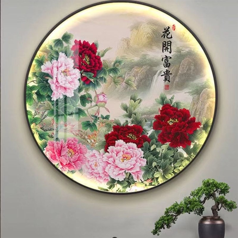 花鸟牡丹圆形灯画餐厅卧室背景墙挂画中式花卉入户玄关茶室装饰画图片