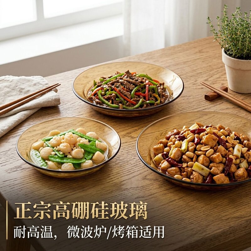 玻璃盘耐高温家用菜碟高硼硅材质琥珀色耐热微波炉烤箱可用