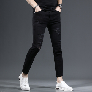 薄款 小脚夏季 2023新款 弹力男士 子 纯黑色破洞九分牛仔裤 裤 男修身