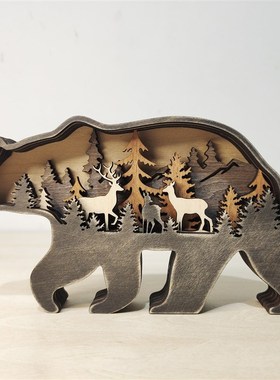 2022新款圣诞节木质工艺品创意北美森林动物家居装饰麋鹿棕熊摆件