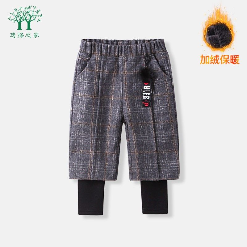 女童打底裤假两件秋冬款加绒阔腿裤中小童裤子宝宝加厚儿童长裤