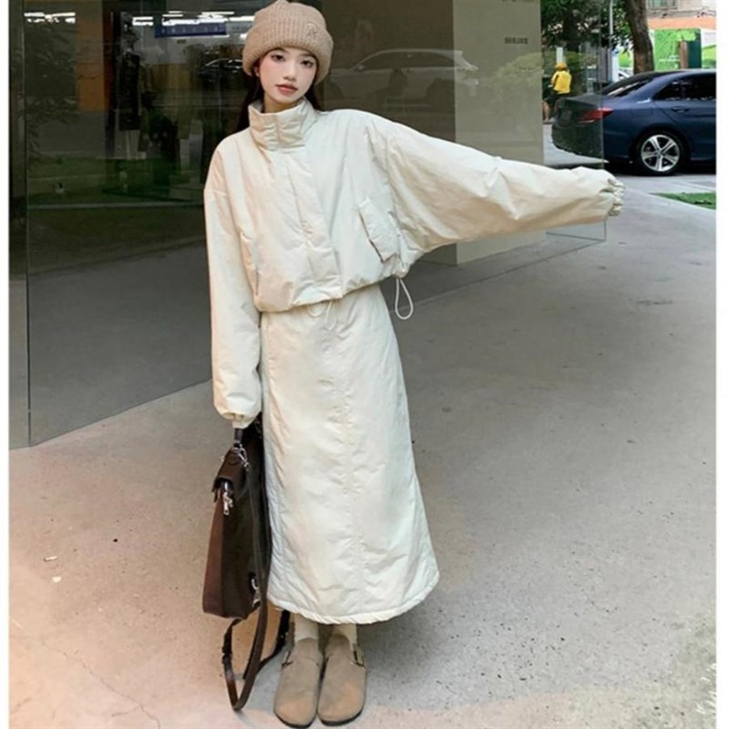 夹棉加厚保暖立领工装长袖棉服外套高腰半身裙女2025冬季时尚套装