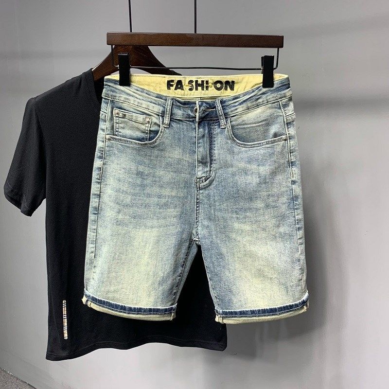 夏季牛仔短裤男薄款浅蓝色复古修身中裤简约弹力休闲百搭五分裤子