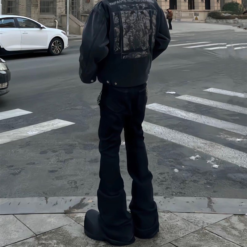 美式ro黑色弹力飘带微喇叭牛仔裤黑色长裤版型不挑身材显腿长男潮