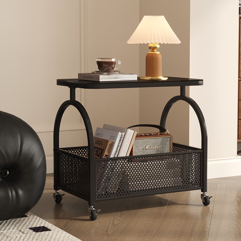 法式轻奢高级感可移动小推车边几中古风创意玻璃小茶几收纳置物架