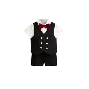 男童绅士服夏款宝宝红色领结英伦风夏款西装马甲短袖花童生日礼服