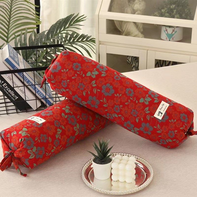 纯棉荞麦壳颈椎枕头圆柱糖果外套全棉枕芯内胆皮双层纱系带口布袋