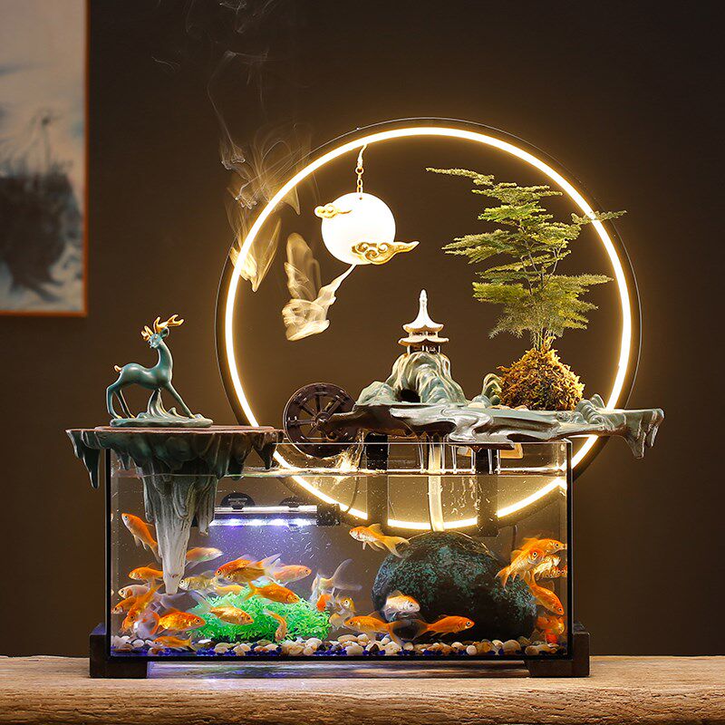 招财流水循环玻璃鱼缸家居客厅电视柜装饰风水轮摆件乔迁新居礼品